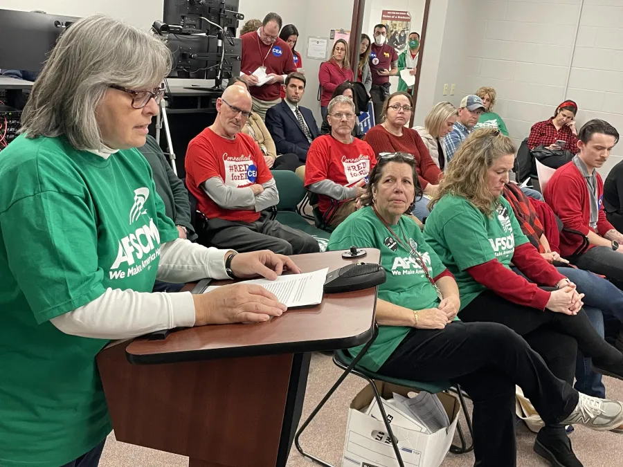 Chris Majchrzak, AFSCME Local 1250 President, addresses the East Lyme BOE on Monday, Feb. 6, 2023.
