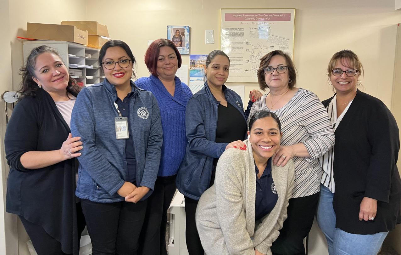 Local 1303-402 Danbury Housing Authority workers (L-R): Kathiria Alba, President; Smirna Sha, Alice Palanzo, Esther Reyes, Pia Cole, Maria DeSousa, Merari Matos.