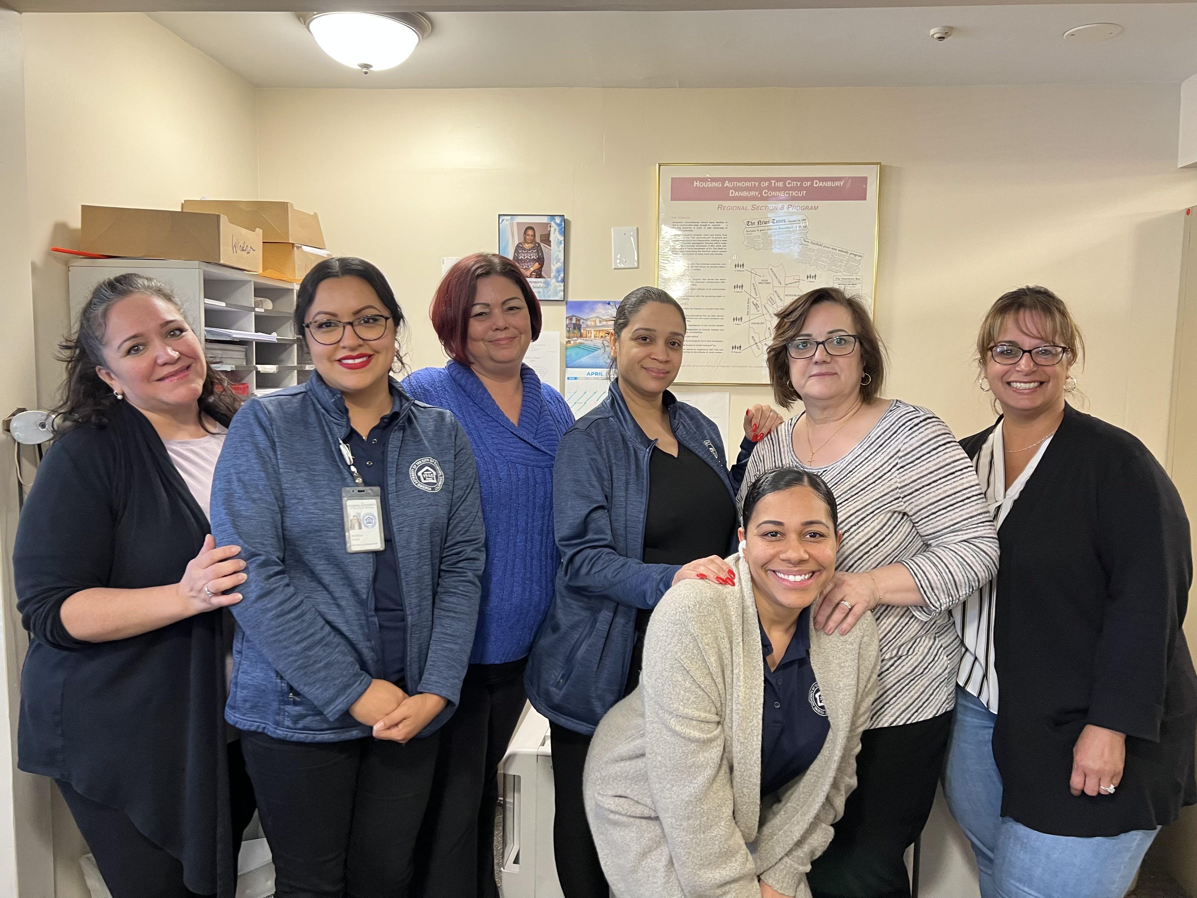 Local 1303-402 Danbury Housing Authority workers (L-R): Kathiria Alba, President; Smirna Sha, Alice Palanzo, Esther Reyes, Pia Cole, Maria DeSousa, Merari Matos.