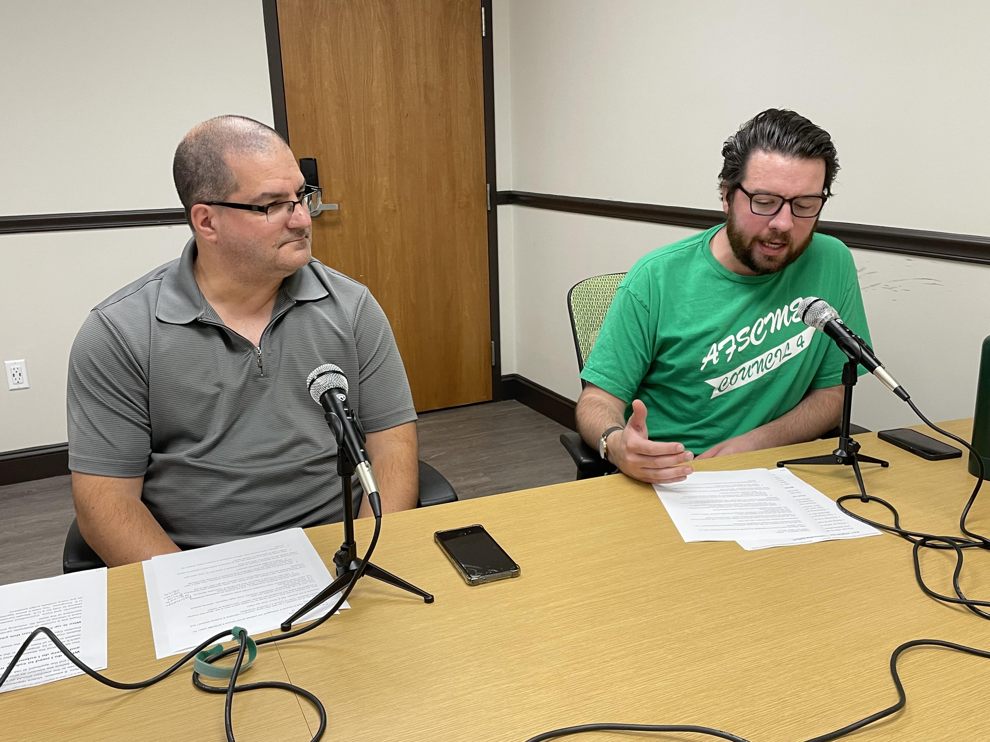 Council 4 Legislative & Political Director Zak Leavy, right, and Council 4 PEOPLE Committee Chair Stephen Wierbicki record a podcast segment on member political engagement during elections in New Britain, Oct. 12, 2022. Photo by Lauren Takores