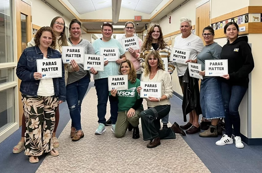 Stonington Paraeducators at a Board of Education meeting in November 2023.