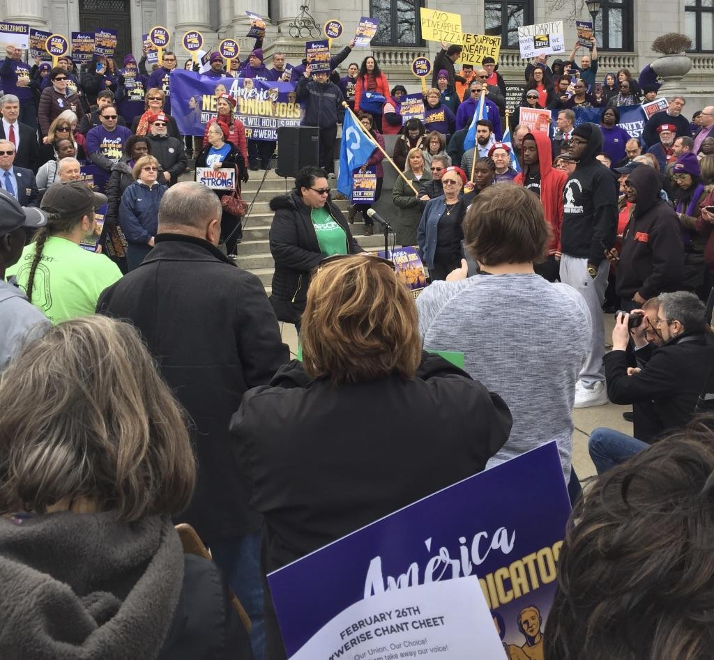 AFSCME Local 704 President Taffy Womack addresses Hartford rally.